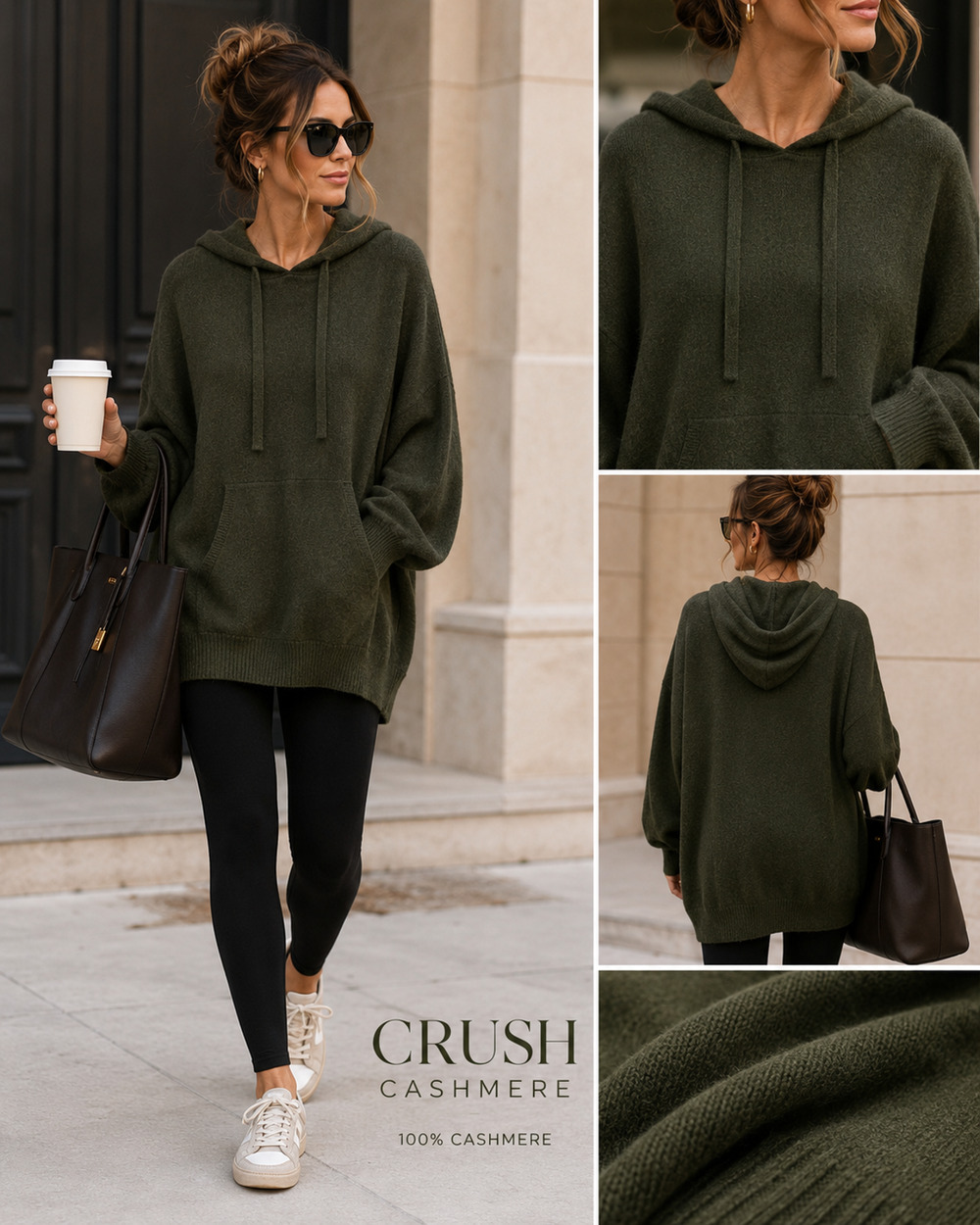 CRUSH Cashmere Sz 3 L Olive Green Hoodie Sweater 100% Cashmere Oversized NWOT
